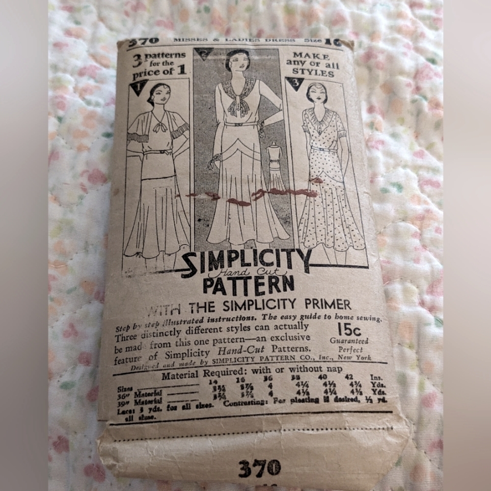SOLD Antique 1920s Simplicity Dress Sewing Pattern 370 Three Styles Simplicity